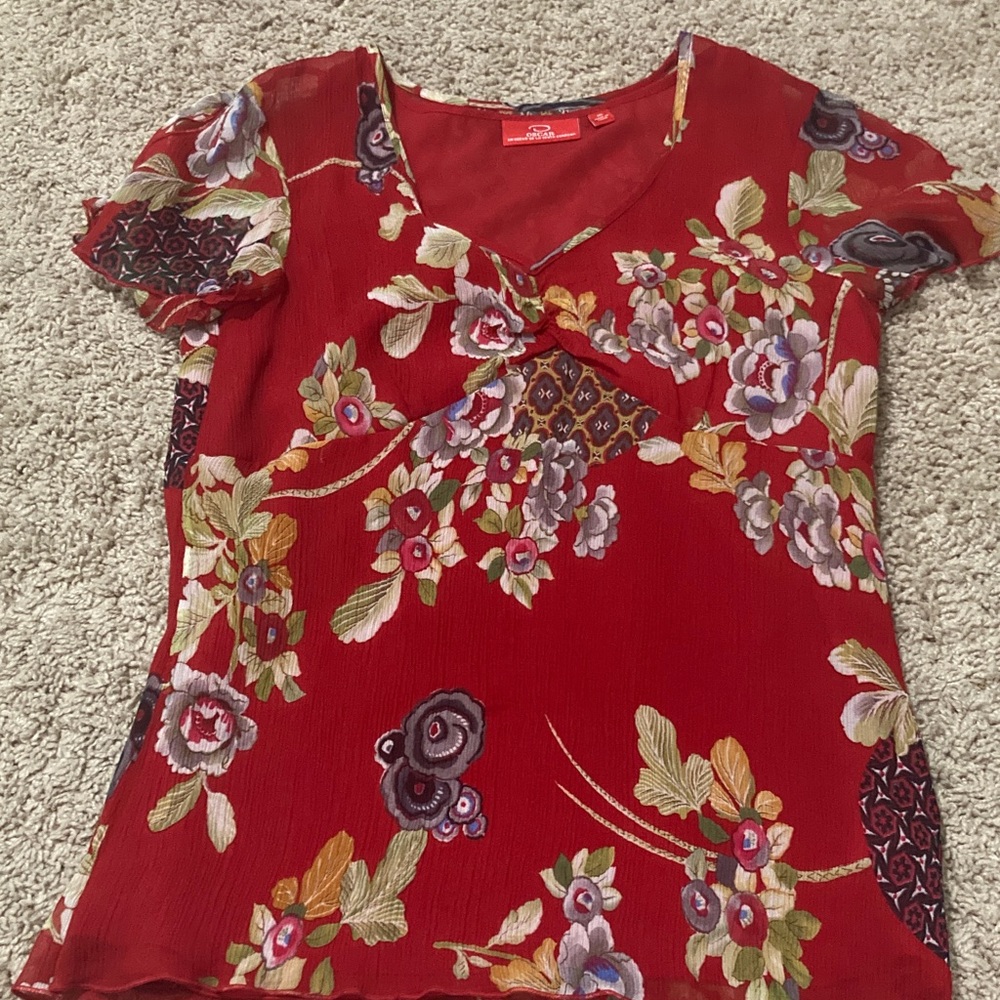 Oscar de la Renta Red Floral Blouse
